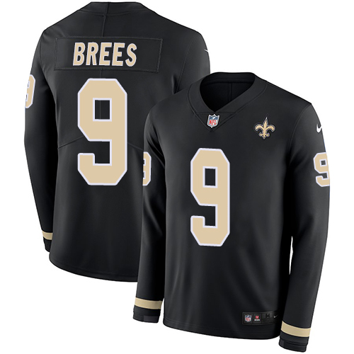 Nike Saints #9 Drew Brees Black Team Color Men's Stitched NFL Limited Therma Long Sleeve Jersey Nike Saints #9 Drew Brees Black Team Color Men's Stitched NFL Limited Therma Long Sleeve Jersey