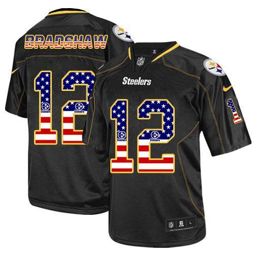 Nike Steelers #12 Terry Bradshaw Black Men's Stitched NFL Elite USA Flag Fashion Jersey Nike Steelers #12 Terry Bradshaw Black Men's Stitched NFL Elite USA Flag Fashion Jersey
