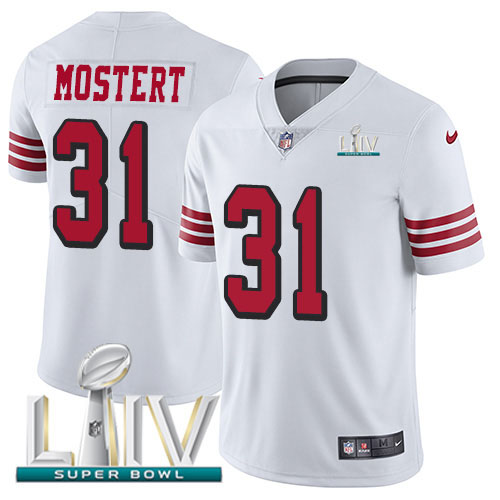 Nike 49ers #31 Raheem Mostert White Super Bowl LIV 2020 Men's Stitched NFL Limited Rush Jersey Nike 49ers #31 Raheem Mostert White Super Bowl LIV 2020 Men's Stitched NFL Limited Rush Jersey
