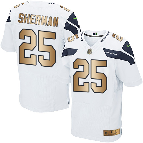 Nike Seahawks #25 Richard Sherman White Men's Stitched NFL Elite Gold Jersey Nike Seahawks #25 Richard Sherman White Men's Stitched NFL Elite Gold Jersey
