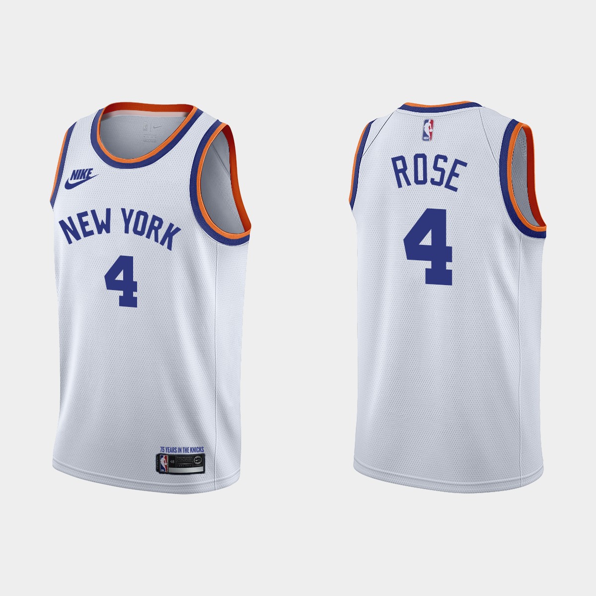 Men's New Yok Knicks #4 Derrick Rose 2021/2022 White 75th Anniversary City Edition Stitched Jersey Men's New Yok Knicks #4 Derrick Rose 2021/2022 White 75th Anniversary City Edition Stitched Jersey
