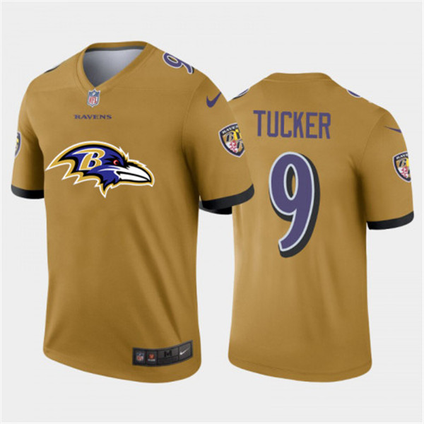 Men's Baltimore Ravens #9 Justin Tucker II Gold 2020 Team Big Logo Inverted Legend Stitched Jersey Men's Baltimore Ravens #9 Justin Tucker II Gold 2020 Team Big Logo Inverted Legend Stitched Jersey
