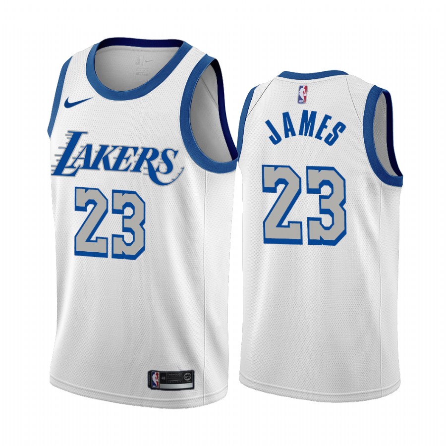 Men's Los Angeles Lakers #23 LeBron James White City Edition New Blue Silver Logo 2020-21 Stitched Jersey Men's Los Angeles Lakers #23 LeBron James White City Edition New Blue Silver Logo 2020-21 Stitched Jersey