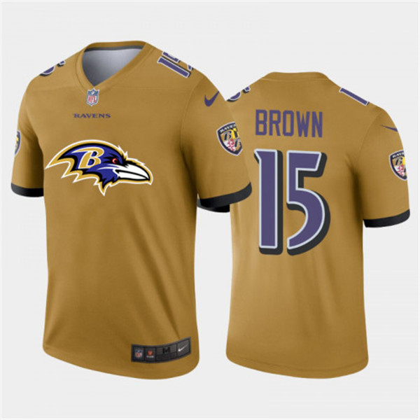 Men's Baltimore Ravens #15 Marquise Brown II Gold 2020 Team Big Logo Inverted Legend Stitched Jersey Men's Baltimore Ravens #15 Marquise Brown II Gold 2020 Team Big Logo Inverted Legend Stitched Jersey