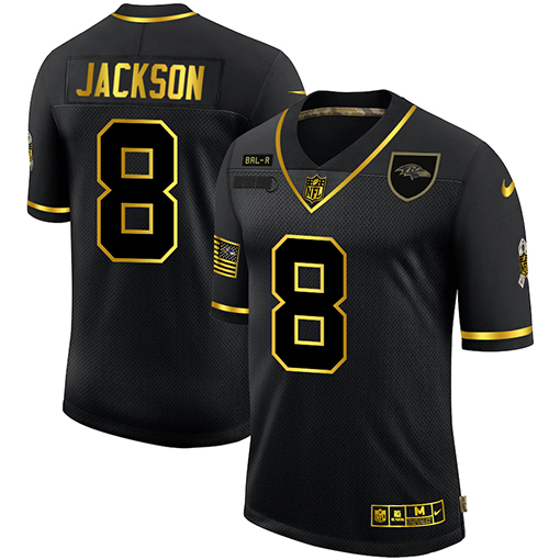 Men's Baltimore Ravens #8 Lamar Jackson 2020 Black/Gold Salute To Service Limited Stitched NFL Jersey Men's Baltimore Ravens #8 Lamar Jackson 2020 Black/Gold Salute To Service Limited Stitched NFL Jersey