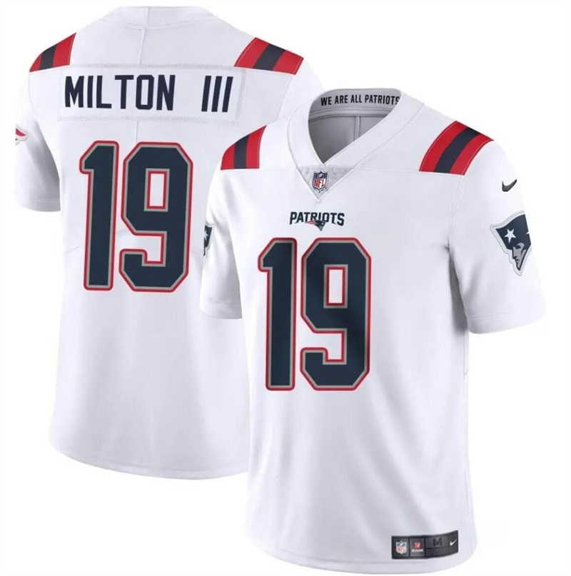 Youth New England Patriots #19 Joe Milton III White 2024 Vapor Limited Stitched Football Jersey Youth New England Patriots #19 Joe Milton III White 2024 Vapor Limited Stitched Football Jersey