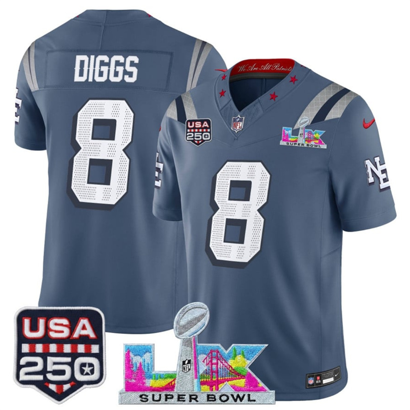 Youth New England Patriots #8 Stefon Diggs Storm Blue 2025 F.U.S.E. Super Bowl LX & USA 250' Patch “Rivalries” Vapor Limited Stitched Football Jersey Youth New England Patriots #8 Stefon Diggs Storm Blue 2025 F.U.S.E. Super Bowl LX & USA 250' Patch “Rivalries” Vapor Limited Stitched Football Jersey