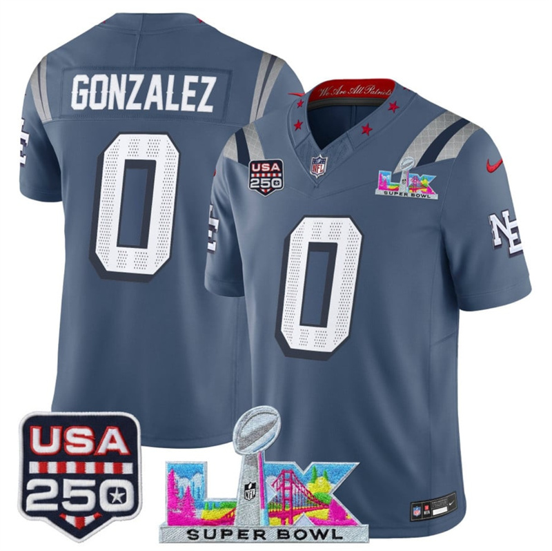 Youth New England Patriots #0 Christian Gonzalez Storm Blue 2025 F.U.S.E. Super Bowl LX & USA 250' Patch “Rivalries” Vapor Limited Stitched Football Jersey Youth New England Patriots #0 Christian Gonzalez Storm Blue 2025 F.U.S.E. Super Bowl LX & USA 250' Patch “Rivalries” Vapor Limited Stitched Football Jersey