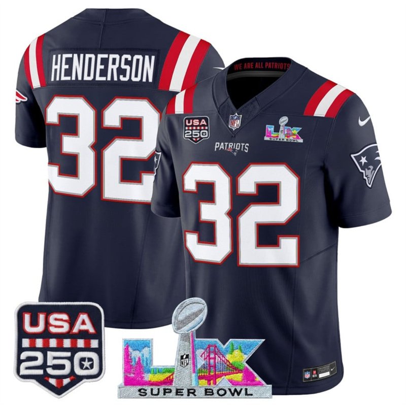 Youth New England Patriots #32 TreVeyon Henderson Navy 2025 F.U.S.E. Super Bowl LX & USA 250' Patch Vapor Limited Stitched Football Jersey