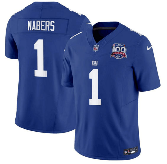 Women's New York Giants #1 Malik Nabers Blue 2024 Draft F.U.S.E. 100TH Season Patch Vapor Untouchable Limited Stitched Jersey（Run Small）