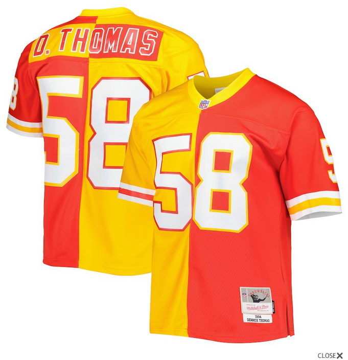 Kansas City Chiefs Derrick Thomas #58 Mitchell & Ness Red/Gold 1994 Split Legacy Jersey Kansas City Chiefs Derrick Thomas #58 Mitchell & Ness Red/Gold 1994 Split Legacy Jersey