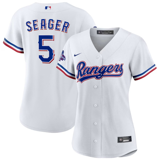 Women's Texas Rangers #5 Corey Seager White 2023 World Series Champions Stitched Baseball Jersey(Run Small) Women's Texas Rangers #5 Corey Seager White 2023 World Series Champions Stitched Baseball Jersey(Run Small)