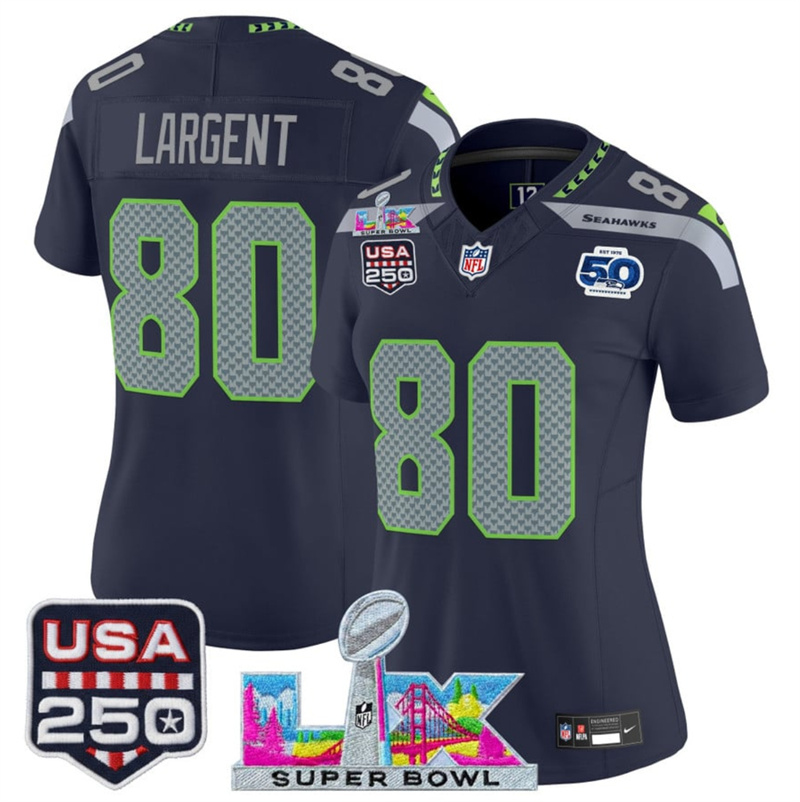 Women's Seattle Seahawks #80 Steve Largent Navy 2025 F.U.S.E. Super Bowl LX Patch And 50th Season & USA 250' Patch Vapor Limited Football Stitched Jersey(Run Sm Women's Seattle Seahawks #80 Steve Largent Navy 2025 F.U.S.E. Super Bowl LX Patch And 50th Season & USA 250' Patch Vapor Limited Football Stitched Jersey(Run Sm