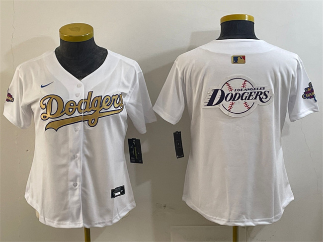 Women's Los Angeles Dodgers Team Big Logo White 2025 Gold Collection Limited Stitched Baseball Jersey(Run Small) 001 Women's Los Angeles Dodgers Team Big Logo White 2025 Gold Collection Limited Stitched Baseball Jersey(Run Small) 001