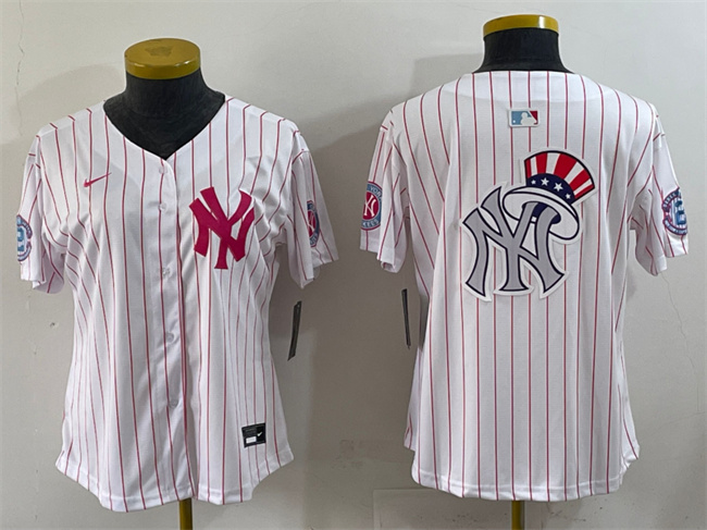 Women's New York Yankees Team Big Logo White/Pink Pinstripe Limited Stitched Baseball Jersey 004(Run Small)