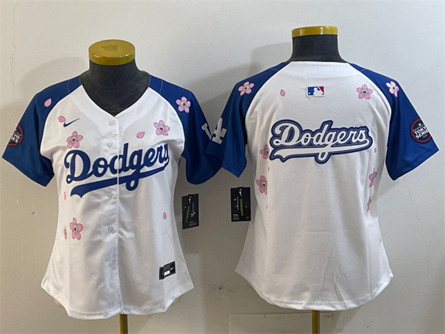 Women's Los Angeles Dodgers Team Big Logo White/Royal 2025 Tokyo Series Limited Stitched Baseball Jersey(Run Small) 001 Women's Los Angeles Dodgers Team Big Logo White/Royal 2025 Tokyo Series Limited Stitched Baseball Jersey(Run Small) 001
