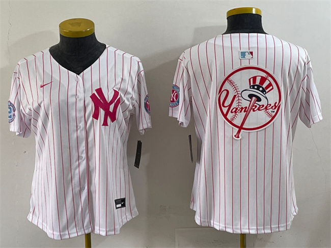 Women's New York Yankees Team Big Logo White/Pink Pinstripe Limited Stitched Baseball Jersey 002(Run Small)