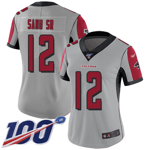 Nike Falcons #12 Mohamed Sanu Sr Silver Women's Stitched NFL Limited Inverted Legend 100th Season Jersey Nike Falcons #12 Mohamed Sanu Sr Silver Women's Stitched NFL Limited Inverted Legend 100th Season Jersey