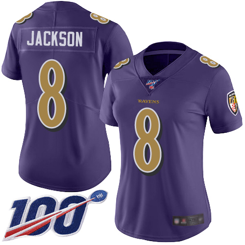 Nike Ravens #8 Lamar Jackson Purple Women's Stitched NFL Limited Rush 100th Season Jersey Nike Ravens #8 Lamar Jackson Purple Women's Stitched NFL Limited Rush 100th Season Jersey