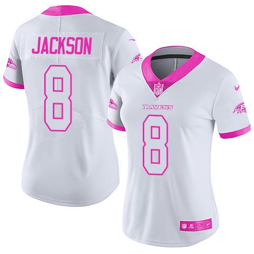 Nike Ravens #8 Lamar Jackson White/Pink Women's Stitched NFL Limited Rush Fashion Jersey Nike Ravens #8 Lamar Jackson White/Pink Women's Stitched NFL Limited Rush Fashion Jersey