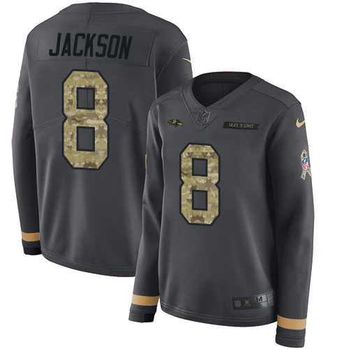 Nike Ravens #8 Lamar Jackson Anthracite Salute to Service Women's Stitched NFL Limited Therma Long Sleeve Jersey Nike Ravens #8 Lamar Jackson Anthracite Salute to Service Women's Stitched NFL Limited Therma Long Sleeve Jersey