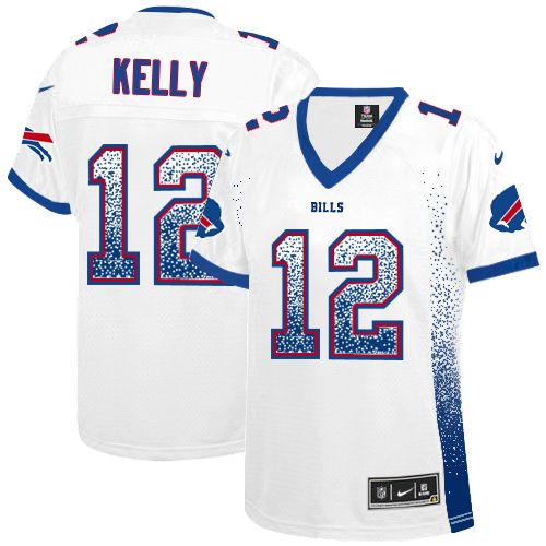 Nike Bills #12 Jim Kelly White Women's Stitched NFL Elite Drift Fashion Jersey Nike Bills #12 Jim Kelly White Women's Stitched NFL Elite Drift Fashion Jersey