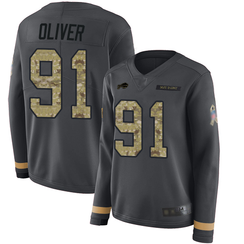 Nike Bills #91 Ed Oliver Anthracite Salute to Service Women's Stitched NFL Limited Therma Long Sleeve Jersey Nike Bills #91 Ed Oliver Anthracite Salute to Service Women's Stitched NFL Limited Therma Long Sleeve Jersey