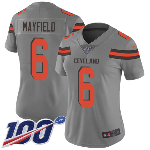 Nike Browns #6 Baker Mayfield Gray Women's Stitched NFL Limited Inverted Legend 100th Season Jersey Nike Browns #6 Baker Mayfield Gray Women's Stitched NFL Limited Inverted Legend 100th Season Jersey