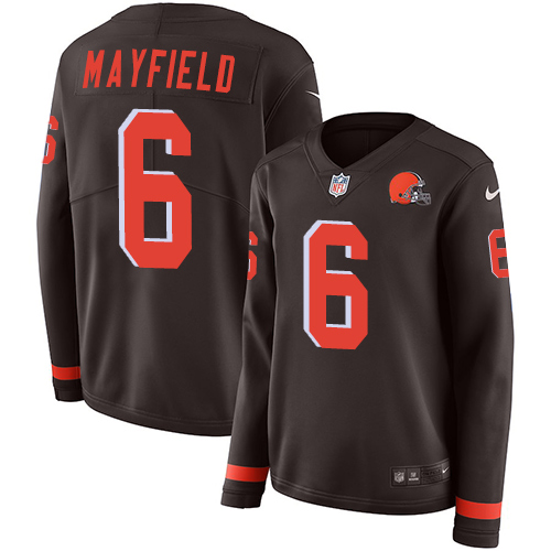 Nike Browns #6 Baker Mayfield Brown Team Color Women's Stitched NFL Limited Therma Long Sleeve Jersey Nike Browns #6 Baker Mayfield Brown Team Color Women's Stitched NFL Limited Therma Long Sleeve Jersey