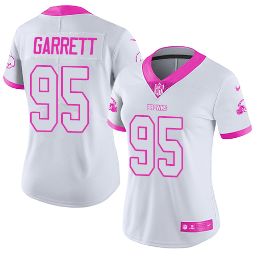 Nike Browns #95 Myles Garrett White/Pink Women's Stitched NFL Limited Rush Fashion Jersey Nike Browns #95 Myles Garrett White/Pink Women's Stitched NFL Limited Rush Fashion Jersey