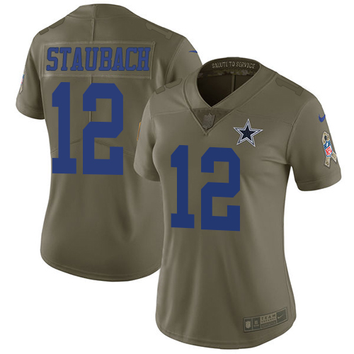 Nike Cowboys #12 Roger Staubach Olive Women's Stitched NFL Limited 2017 Salute to Service Jersey Nike Cowboys #12 Roger Staubach Olive Women's Stitched NFL Limited 2017 Salute to Service Jersey