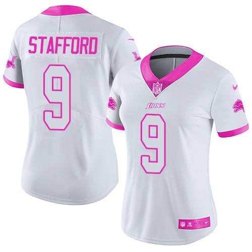 Nike Lions #9 Matthew Stafford White/Pink Women's Stitched NFL Limited Rush Fashion Jersey Nike Lions #9 Matthew Stafford White/Pink Women's Stitched NFL Limited Rush Fashion Jersey