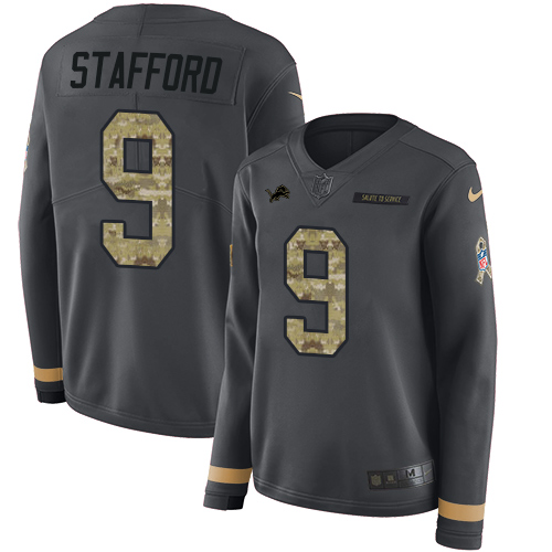 Nike Lions #9 Matthew Stafford Anthracite Salute to Service Women's Stitched NFL Limited Therma Long Sleeve Jersey Nike Lions #9 Matthew Stafford Anthracite Salute to Service Women's Stitched NFL Limited Therma Long Sleeve Jersey