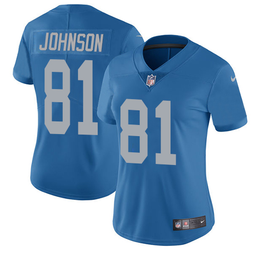 Nike Lions #81 Calvin Johnson Blue Throwback Women's Stitched NFL Vapor Untouchable Limited Jersey Nike Lions #81 Calvin Johnson Blue Throwback Women's Stitched NFL Vapor Untouchable Limited Jersey