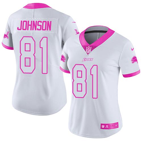 Nike Lions #81 Calvin Johnson White/Pink Women's Stitched NFL Limited Rush Fashion Jersey Nike Lions #81 Calvin Johnson White/Pink Women's Stitched NFL Limited Rush Fashion Jersey
