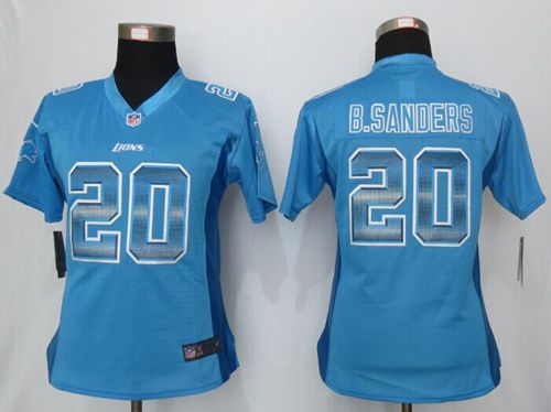 Nike Lions #20 Barry Sanders Light Blue Team Color Women's Stitched NFL Elite Strobe Jersey Nike Lions #20 Barry Sanders Light Blue Team Color Women's Stitched NFL Elite Strobe Jersey