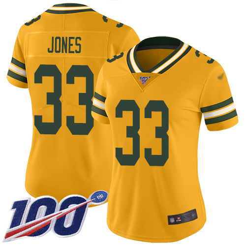 Nike Packers #33 Aaron Jones Gold Women's Stitched NFL Limited Inverted Legend 100th Season Jersey Nike Packers #33 Aaron Jones Gold Women's Stitched NFL Limited Inverted Legend 100th Season Jersey