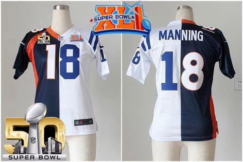 Nike Colts #18 Peyton Manning Blue/White Super Bowl XLI & Super Bowl 50 Women's Stitched NFL Elite Split Broncos Jersey Nike Colts #18 Peyton Manning Blue/White Super Bowl XLI & Super Bowl 50 Women's Stitched NFL Elite Split Broncos Jersey