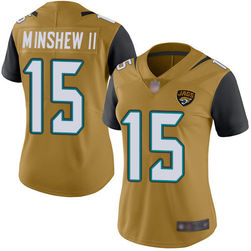 Nike Jaguars #15 Gardner Minshew II Gold Women's Stitched NFL Limited Rush Jersey Nike Jaguars #15 Gardner Minshew II Gold Women's Stitched NFL Limited Rush Jersey