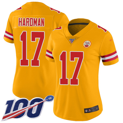 Nike Chiefs #17 Mecole Hardman Gold Women's Stitched NFL Limited Inverted Legend 100th Season Jersey Nike Chiefs #17 Mecole Hardman Gold Women's Stitched NFL Limited Inverted Legend 100th Season Jersey