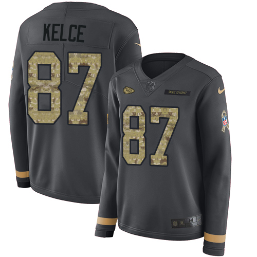Nike Chiefs #87 Travis Kelce Anthracite Salute to Service Women's Stitched NFL Limited Therma Long Sleeve Jersey Nike Chiefs #87 Travis Kelce Anthracite Salute to Service Women's Stitched NFL Limited Therma Long Sleeve Jersey