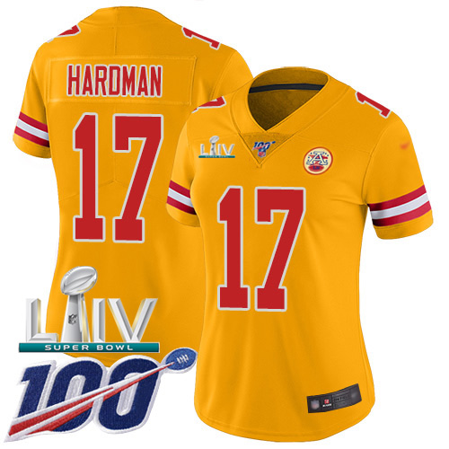 Nike Chiefs #17 Mecole Hardman Gold Super Bowl LIV 2020 Women's Stitched NFL Limited Inverted Legend 100th Season Jersey Nike Chiefs #17 Mecole Hardman Gold Super Bowl LIV 2020 Women's Stitched NFL Limited Inverted Legend 100th Season Jersey