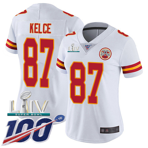Nike Chiefs #87 Travis Kelce White Super Bowl LIV 2020 Women's Stitched NFL 100th Season Vapor Untouchable Limited Jersey Nike Chiefs #87 Travis Kelce White Super Bowl LIV 2020 Women's Stitched NFL 100th Season Vapor Untouchable Limited Jersey