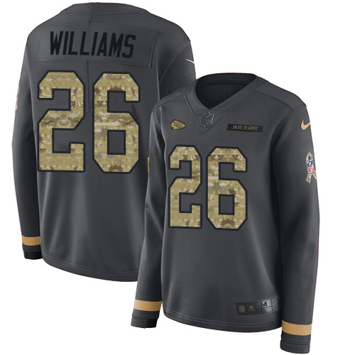 Nike Chiefs #26 Damien Williams Anthracite Salute to Service Women's Stitched NFL Limited Therma Long Sleeve Jersey