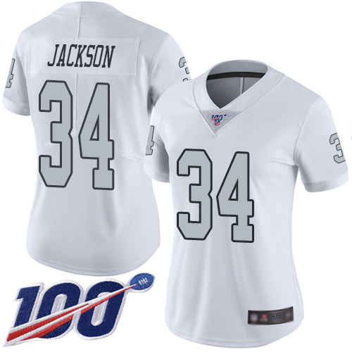 Nike Raiders #34 Bo Jackson White Women's Stitched NFL Limited Rush 100th Season Jersey Nike Raiders #34 Bo Jackson White Women's Stitched NFL Limited Rush 100th Season Jersey