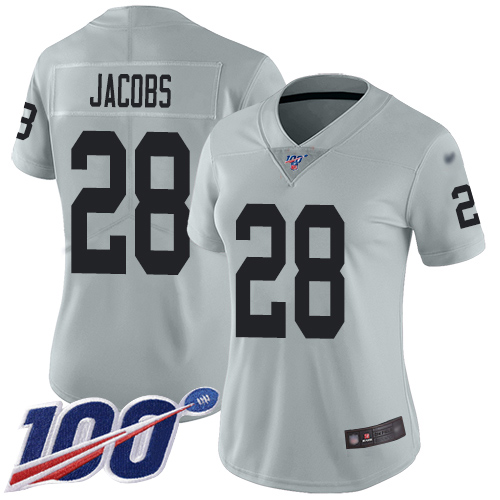 Nike Raiders #28 Josh Jacobs Silver Women's Stitched NFL Limited Inverted Legend 100th Season Jersey