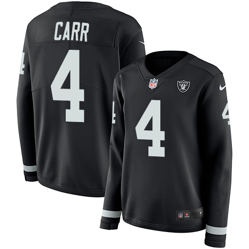 Nike Raiders #4 Derek Carr Black Team Color Women's Stitched NFL Limited Therma Long Sleeve Jersey Nike Raiders #4 Derek Carr Black Team Color Women's Stitched NFL Limited Therma Long Sleeve Jersey