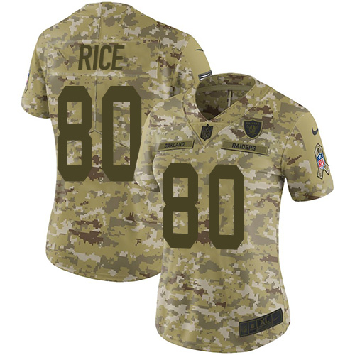 Nike Raiders #80 Jerry Rice Camo Women's Stitched NFL Limited 2018 Salute to Service Jersey Nike Raiders #80 Jerry Rice Camo Women's Stitched NFL Limited 2018 Salute to Service Jersey