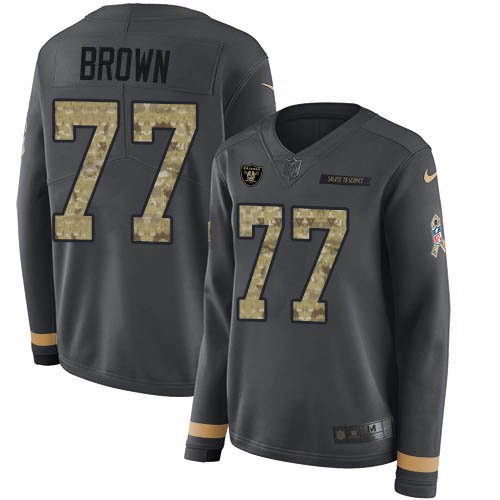 Nike Raiders #77 Trent Brown Anthracite Salute to Service Women's Stitched NFL Limited Therma Long Sleeve Jersey Nike Raiders #77 Trent Brown Anthracite Salute to Service Women's Stitched NFL Limited Therma Long Sleeve Jersey