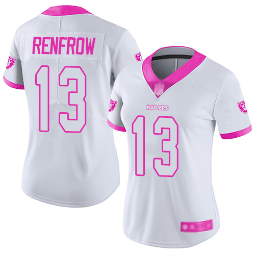Nike Raiders #13 Hunter Renfrow White/Pink Women's Stitched NFL Limited Rush Fashion Jersey Nike Raiders #13 Hunter Renfrow White/Pink Women's Stitched NFL Limited Rush Fashion Jersey